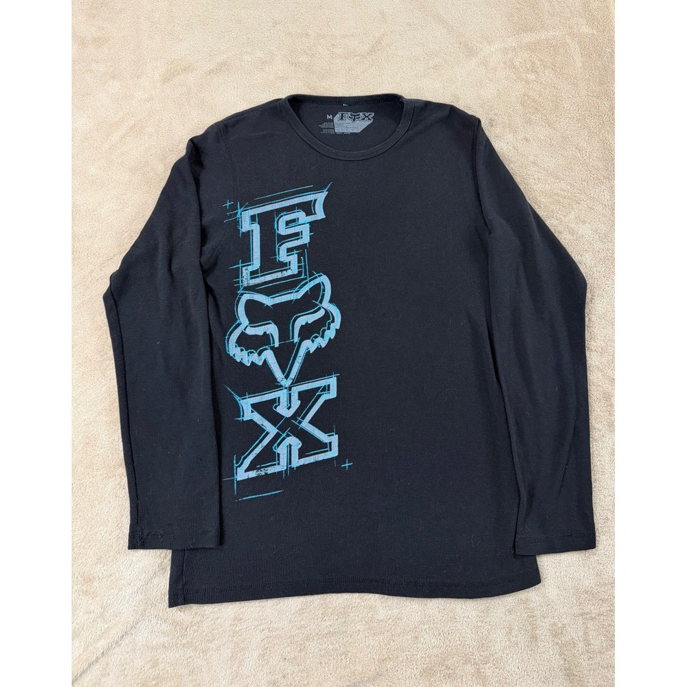 Fox Racing‎ Thermal shirt mens M Black Blue Graphic Waffle Knit Long sleeve EUC
